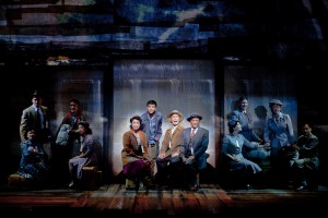 (center, from left) Lea Salonga as Kei Kimura, Telly Leung as Sammy Kimura, George Takei as Ojii-san and Paul Nakauchi as Tatsuo Kimura with the cast of the World Premiere of Allegiance - A New American Musical, with music and lyrics by Jay Kuo and book by Marc Acito, Kuo and Lorenzo Thione, directed by Stafford Arima, Sept. 7 - Oct. 21, 2012 at The Old Globe. Photo by Henry DiRocco.