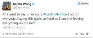 Kolten Wong 2013 World Series Tweet