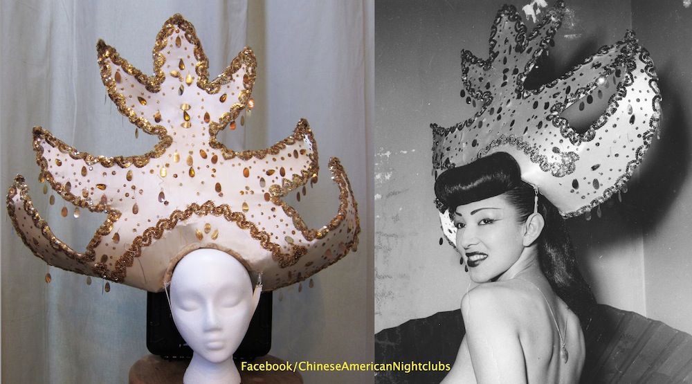 Caption: On the left is a headdress worn by dancer Barbara Yung during the 1940s at Andy Wong's Chinese Sky Room nightclub. Ms Yung is pictured on the right wearing the actual piece during the era. The costume is one of Arthur’s recent acquisitions that will be on display in his 2018 exhibition at the Japanese American National Museum. Photo courtesy of DeepFocus Productions, Inc.