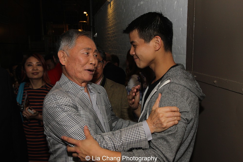 George Takei and Telly Leung backstage at the Longacre Theatre in New York after the first preview of ALLEGIANCE on October 6, 2015. Photo by Lia Chang