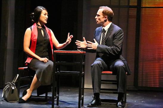 Xi Yan, Vice Minister of Culture, played by Kara Wang, explains a situation to American businessman Daniel Cavanaugh, played by Matthew Jaeger in East West Players production of David Henry Hwang’s ‘Chinglish’. Photo by Michael Lamont