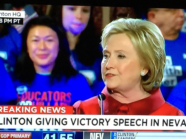 Hillary Clinton giving her victory speech after she was declared the winner in the Democratic primary