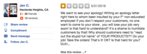 Angry woman about the incident asks for apology on Yelp and leaves a poor rating.